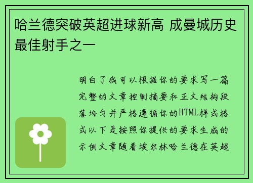 哈兰德突破英超进球新高 成曼城历史最佳射手之一